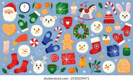 Сollection of different cute Christmas and New Year illustrations on blue background. Santa, bear, deer, mittens, snowman, gift, gingerbreads, stocking, candies. Cartoon elements for card, pattern.
