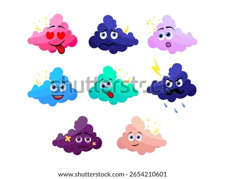 Different cute cloud cartoon mascot set.