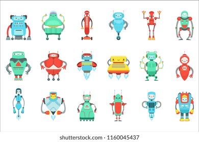 Different Cute Fantastic Robots Characters Set. Bright Color Childish Cartoon Design Androids