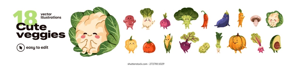 Verschiedene süße Bauernhof Gemüse Set. Verschiedene lustige Gemüsesorten: Avocado, Kohl, Blumenkohl, Kartoffelkürbis und Tomate. Kawaii und glückliche landwirtschaftliche Nutzpflanzen. Flache, einzelne Vektorgrafiken auf Weiß