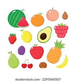 different cute fruits set character. Organic tropical fruits for salad vegetarian.