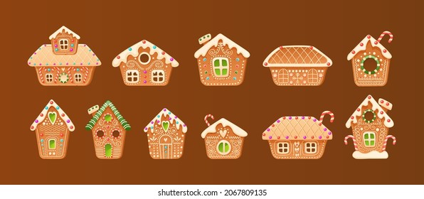 Different cute gingerbread Christmas winter houses. Set of holiday candy cookies in buildings shapes. Sweet baking dessert village cottage covered by snow icing on roofs vector illustration