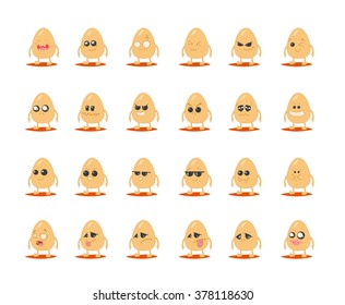 A lot of different cute kawaii smiling eggs. Vecor illustration in doodle childish style. Happy Easter greating card.