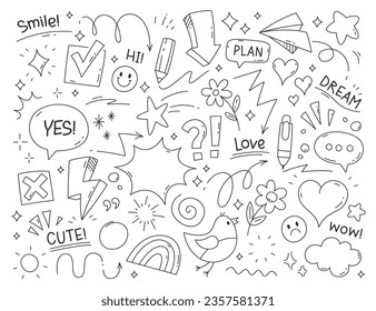 Different cute linear doodles hand drawn decoration symbol simple sketch and funny inscription isolated set. Various pattern element, flower, sparkle, star and swirl emoticon vector illustration