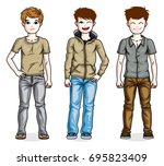 Different cute little boys standing wearing different casual clothes. Vector kids illustrations set. Childhood and family lifestyle cartoons.