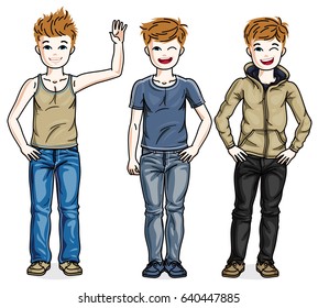Different cute little boys standing wearing different casual clothes. Vector kids illustrations set. Childhood and family lifestyle cartoons.