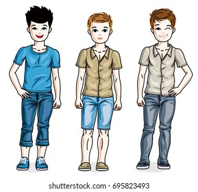 Different cute little boys standing wearing different casual clothes. Vector kids illustrations set. Childhood and family lifestyle cartoons.