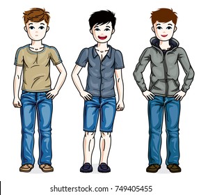 Different cute little boys standing wearing different casual clothes. Vector kids illustrations set.
