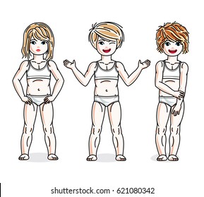 Different cute little girls standing in white underwear. Vector diversity kids illustrations set.
