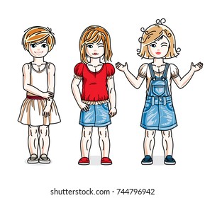 Different cute little girls standing in stylish casual clothes. Vector set of beautiful kids illustrations.