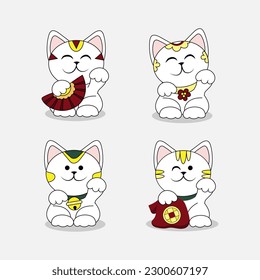 Different cute maneki neko (beckoning cats) on white background