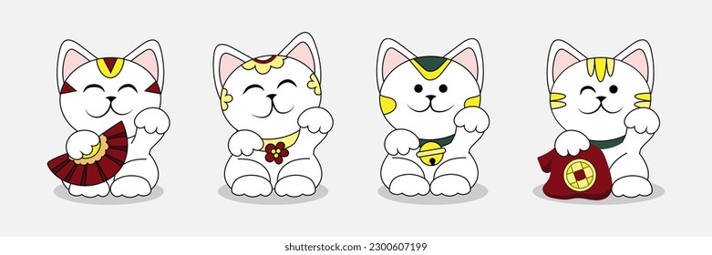 Different cute maneki neko (beckoning cats) on white background