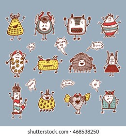 Different Cute  Monsters or Aliens Stickers Vector Set. Hand Drawn Doodle Fictional Fabulous Creatures Characters for Kids. 