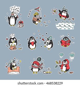 Different Cute Penguin Stickers Vector Collection. Hand Drawn Doodle Sea Birds set. 