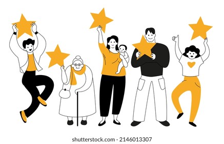 Different cute people hold ranking stars, men and women, young and old. 5 star rating.
