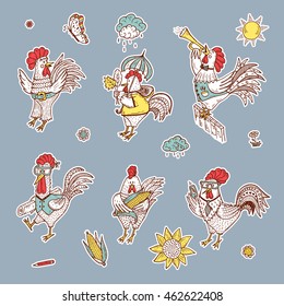 Different Cute Roosters Stickers Vector Set. Hand Drawn Doodle Cocks svg