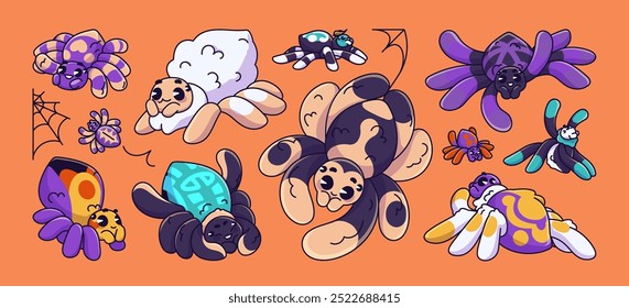 Different cute spiders with web set. Funny baby arachnids with ornamented fur. Happy tarantula or widow greeting. Friendly Halloween characters with spiderweb. Flat isolated vector illustrations