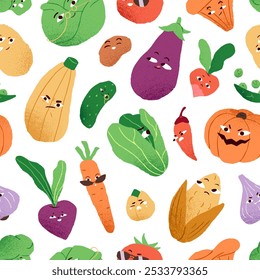 Diferentes personajes vegetales lindos con caras felices, sonrientes, tristes y enojadas en un fondo interminable. Patrón repetible de comida agrícola divertida, verduras cómicas con emociones. Ilustración vectorial plana sin costuras