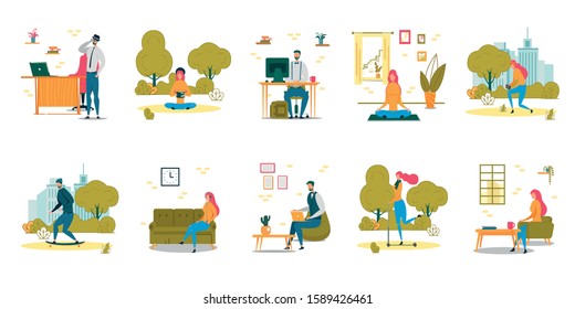 Different Daily People Activities Cartoon Set. Working or Resting in Office, in Cafe or at Home, Reading in Park, Scooting, Doing Yoga Exercising, Drinking Morning Coffee. Vector Flat Illustration