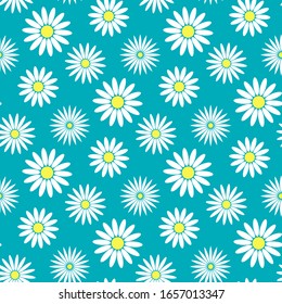 Different daisy flowers on a blue background. Seamless pattern. Vector graphic drawing. Texture.