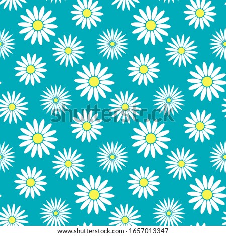 Different daisy flowers on a blue background. Seamless pattern. Vector graphic drawing. Texture.