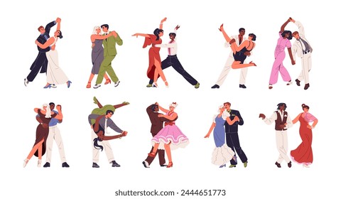 Different dances set. People perform with waltz, argentine tango, salsa. Couples move by music. Pairs show swing, foxtrot, zouk on competition. Flat isolated vector illustrations on white background