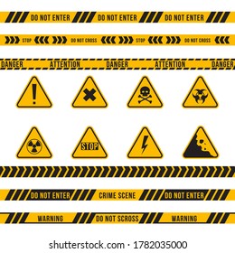 Different danger ribbon and sign flat icon set. Yellow attention, poison, high voltage, radiation, biohazard and falling warnings vector illustration collection. Accident and construction concept