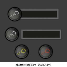 different dark buttons with magnifying glass, vector