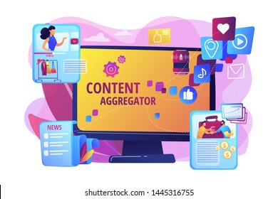 Different data compilation. Collection of media. Content aggregator, best media content here, aggregated content for resale concept. Bright vibrant violet vector isolated illustration