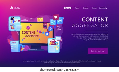 Different data compilation. Collection of media. Content aggregator, best media content here, aggregated content for resale concept. Website homepage landing web page template.