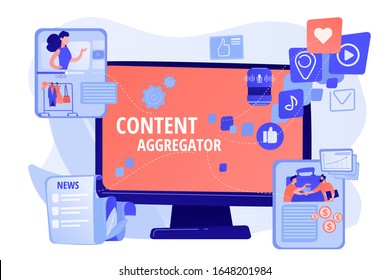 Different data compilation. Collection of media. Content aggregator, best media content here, aggregated content for resale concept. Pinkish coral bluevector isolated illustration