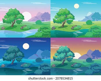 Different day times landscape. Morning and evening meadow with tree, lake and bushes. Soothing natural backgrounds. Sunrise and sunset scenery. Vector night or afternoon panorama set