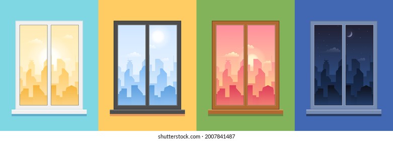 Different daytime city landscape view from window set. Modern urban panoramas with skyscraper architecture silhouette seen from inside building in morning, evening, day and night vector illustration