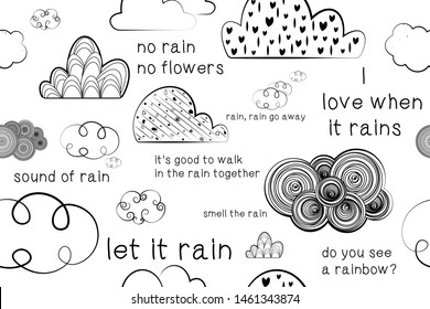  Different decorated clouds with phrases about rain. Graphic Seamless Pattern, black and white. doodle clouds