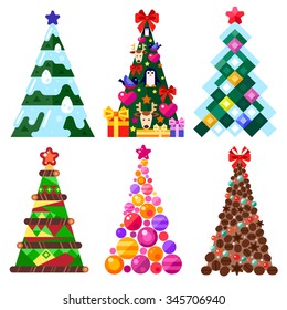 Different decorated Xmas Tree isolated  for Merry Christmas. Snow covered tree, chocolate coffee tree, abstract, christmas tree with present and funny animal decorations. Flat vector illustration. 