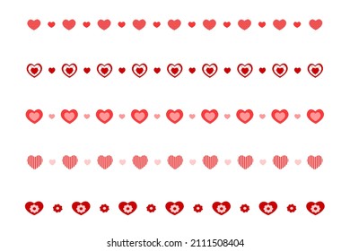 Different decorative borders with hearts. Set of templates for Valentine day card, wedding invitation, web design. Vector flat illustration isolated on white background