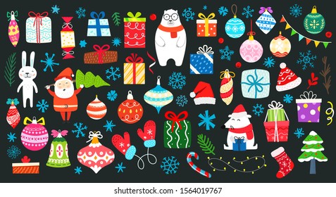 Different decorative christmas elements clip-art. Cartoon style flat illustration
