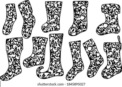 Different decorative christmas socks silhouettes with ornament. Graphics for paper cut on white background