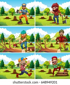 Different deforestation scene with lumberjacks illustration
