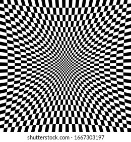 Different deform, warp distortion, deformation effect on checkered (chequered), chess, pepita black and white squares pattern