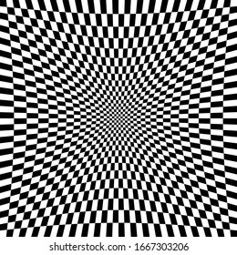 Different deform, warp distortion, deformation effect on checkered (chequered), chess, pepita black and white squares pattern