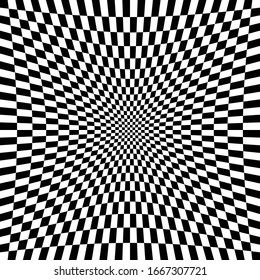 Different deform, warp distortion, deformation effect on checkered (chequered), chess, pepita black and white squares pattern