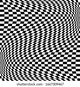 Different deform, warp distortion, deformation effect on checkered (chequered), chess, pepita black and white squares pattern