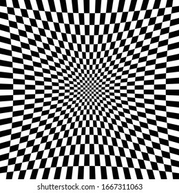 Different deform, warp distortion, deformation effect on checkered (chequered), chess, pepita black and white squares pattern