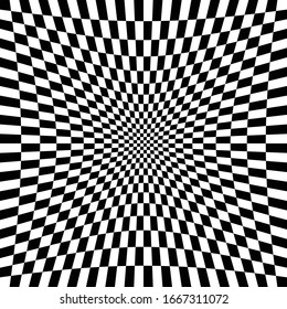 Different deform, warp distortion, deformation effect on checkered (chequered), chess, pepita black and white squares pattern