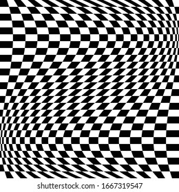 Different deform, warp distortion, deformation effect on checkered (chequered), chess, pepita black and white squares pattern