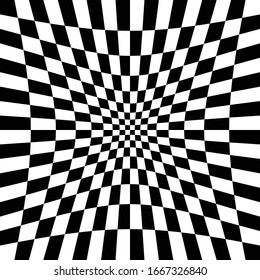 Different deform, warp distortion, deformation effect on checkered (chequered), chess, pepita black and white squares pattern
