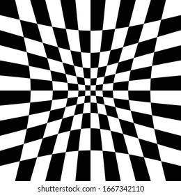 Different deform, warp distortion, deformation effect on checkered (chequered), chess, pepita black and white squares pattern