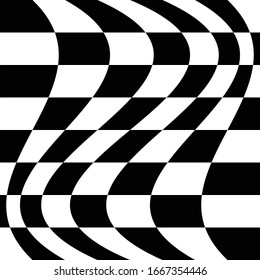 Different deform, warp distortion, deformation effect on checkered (chequered), chess, pepita black and white squares pattern