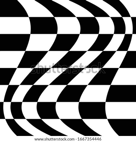 Different deform, warp distortion, deformation effect on checkered (chequered), chess, pepita black and white squares pattern